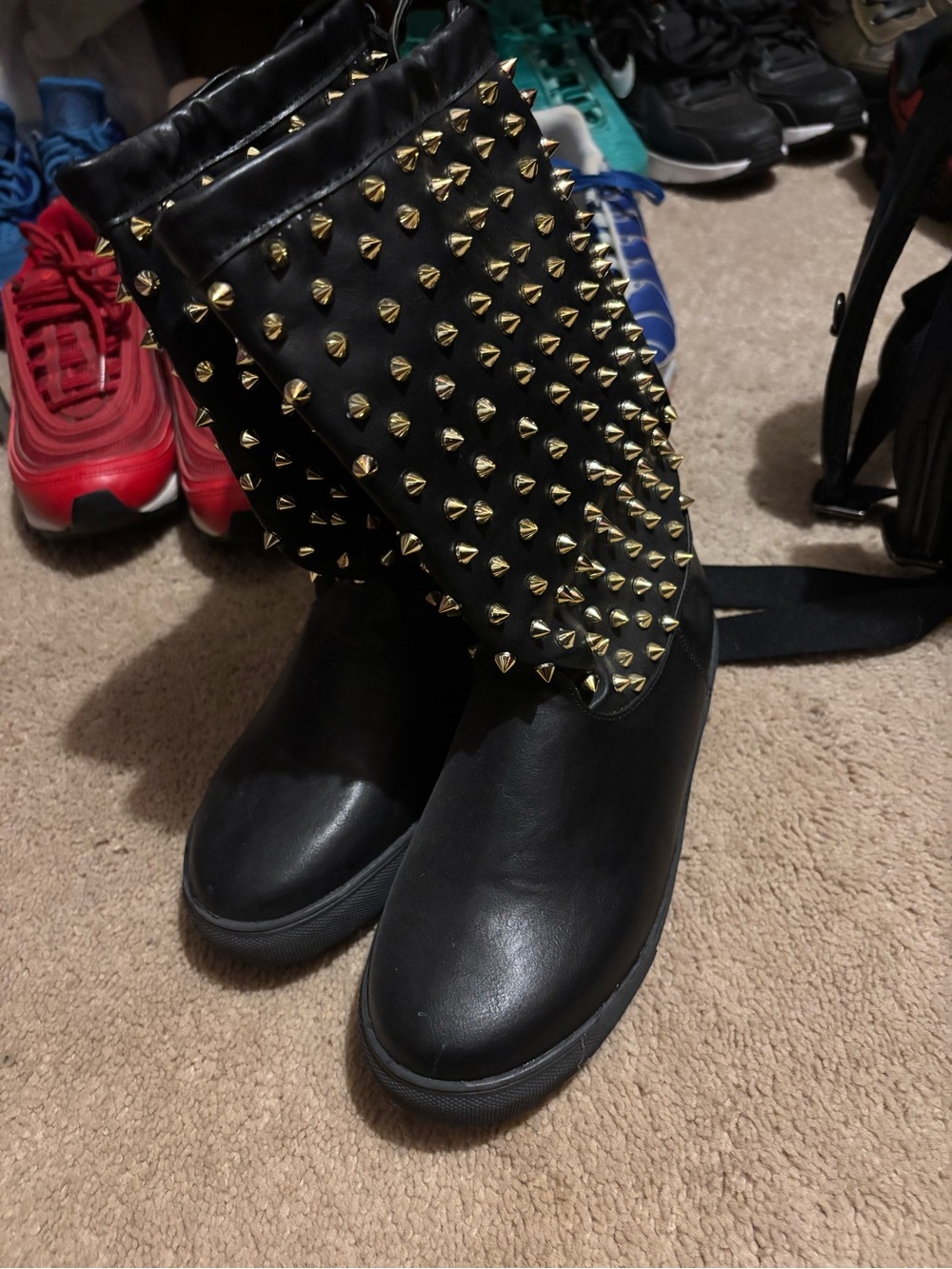 Black Mid-Calf Studded Leather Boots with Gold Spikes Cool rain ☔️ boots